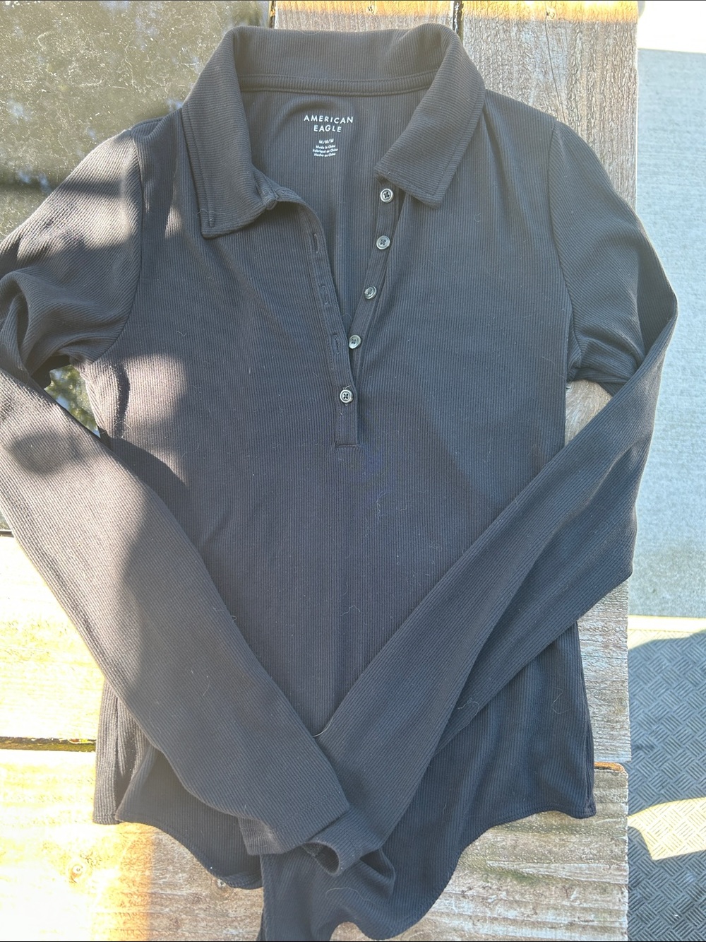 American Eagle Outfitters Black Long-Sleeve Ribbed Bodysuit